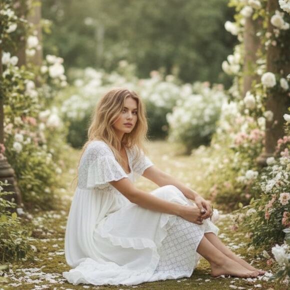 Free People Ethereal Bohemian Cottage Bring The Romance Maxi Dress White Medium - Picture 3 of 14